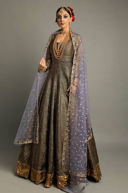 Buy_Pooja Rajpal Jaggi_Black Raw Silk Embroidery Gota Scoop Neck Anarkali With Dupatta  _Online_at_Aza_Fashions