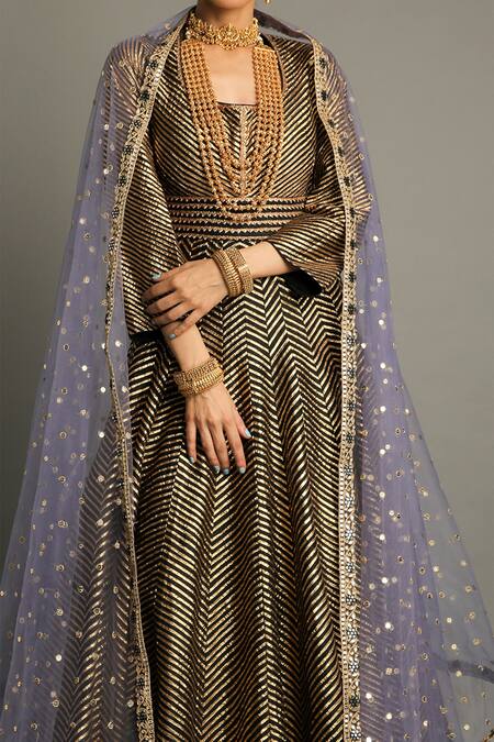 Shop_Pooja Rajpal Jaggi_Black Raw Silk Embroidery Gota Scoop Neck Anarkali With Dupatta  _Online_at_Aza_Fashions