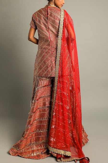 Shop_Pooja Rajpal Jaggi_Red Raw Silk Embroidery Gota Scoop Neck Kurta Gharara Set  _at_Aza_Fashions