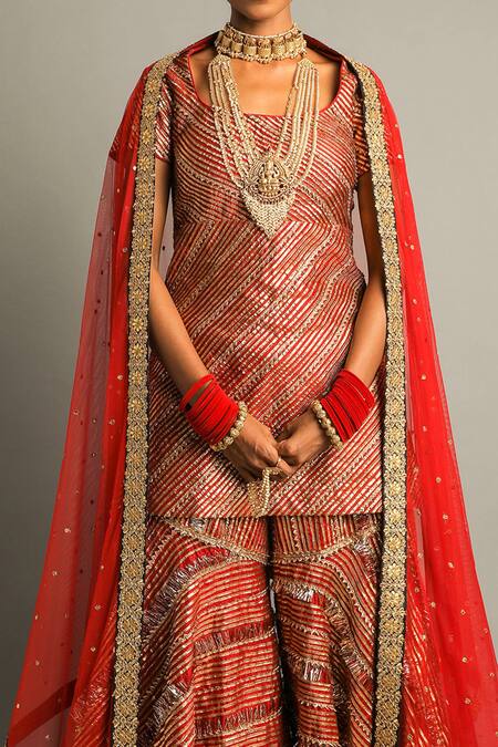 Buy_Pooja Rajpal Jaggi_Red Raw Silk Embroidery Gota Scoop Neck Kurta Gharara Set  _Online_at_Aza_Fashions