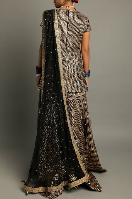 Shop_Pooja Rajpal Jaggi_Black Raw Silk Embroidery Gota Scoop Neck Kurta Gharara Set  _at_Aza_Fashions
