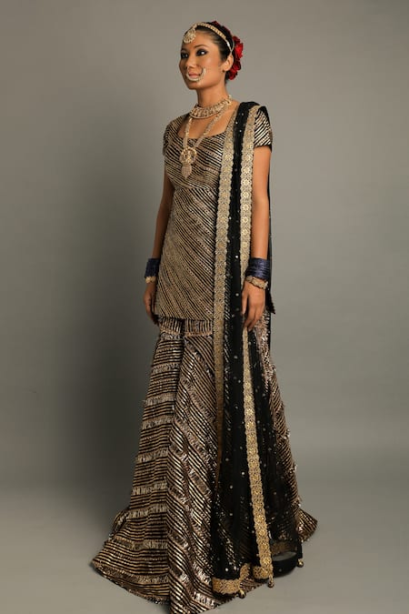 Buy_Pooja Rajpal Jaggi_Black Raw Silk Embroidery Gota Scoop Neck Kurta Gharara Set  _Online_at_Aza_Fashions