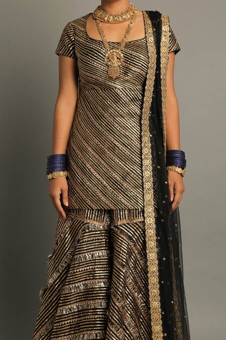 Shop_Pooja Rajpal Jaggi_Black Raw Silk Embroidery Gota Scoop Neck Kurta Gharara Set  _Online_at_Aza_Fashions