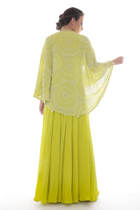 Shop_Pooja Rajpal Jaggi_Green Crepe Silk Embroidery Pearls And Swarovski Jumpsuit Cape  _at_Aza_Fashions