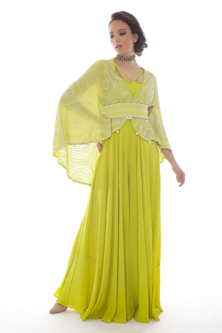 Pooja Rajpal Jaggi_Green Crepe Silk Embroidery Pearls And Swarovski Jumpsuit Cape  _Online_at_Aza_Fashions