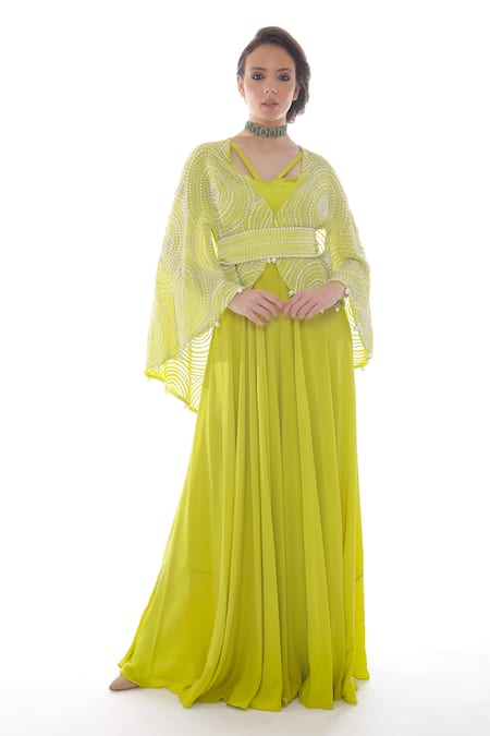 Buy_Pooja Rajpal Jaggi_Green Crepe Silk Embroidery Pearls And Swarovski Jumpsuit Cape  _Online_at_Aza_Fashions
