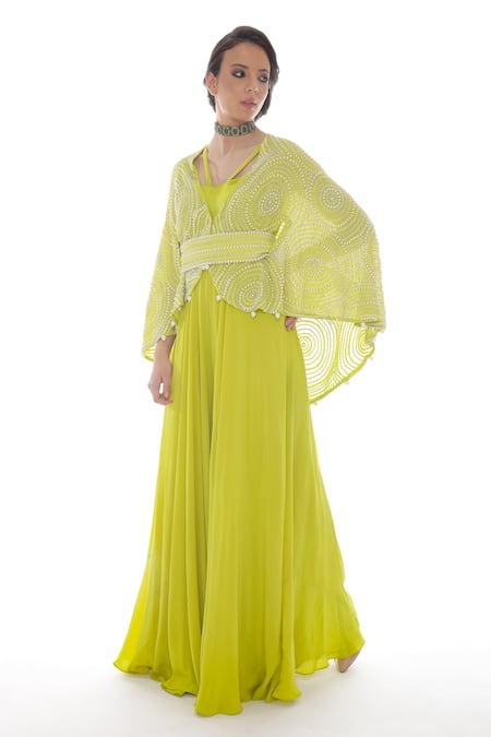 Shop_Pooja Rajpal Jaggi_Green Crepe Silk Embroidery Pearls And Swarovski Jumpsuit Cape  _Online_at_Aza_Fashions