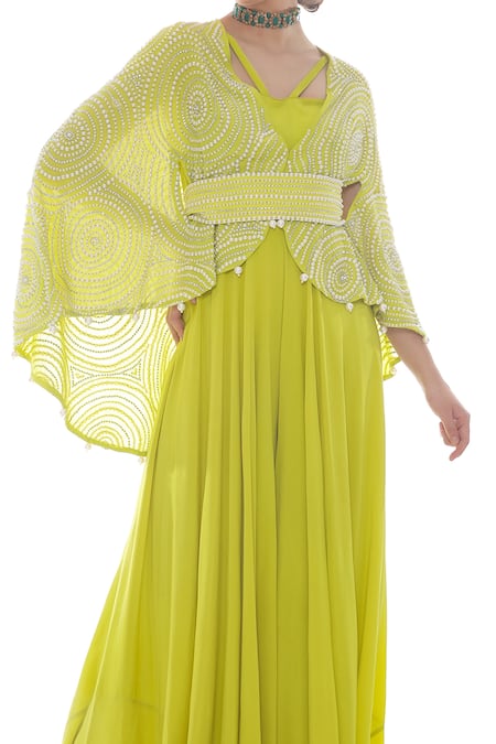 Pooja Rajpal Jaggi_Green Crepe Silk Embroidery Pearls And Swarovski Jumpsuit Cape  _at_Aza_Fashions