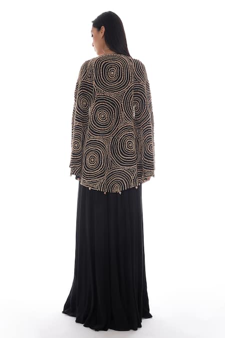 Shop_Pooja Rajpal Jaggi_Black Crepe Silk Embroidery Pearls And Swarovski Jumpsuit Cape  _at_Aza_Fashions