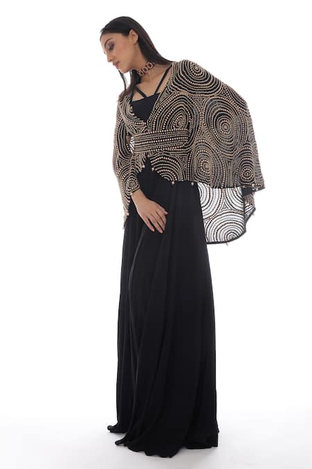 Buy_Pooja Rajpal Jaggi_Black Crepe Silk Embroidery Pearls And Swarovski Jumpsuit Cape  _Online_at_Aza_Fashions
