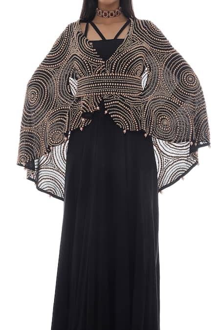Pooja Rajpal Jaggi_Black Crepe Silk Embroidery Pearls And Swarovski Jumpsuit Cape  _at_Aza_Fashions