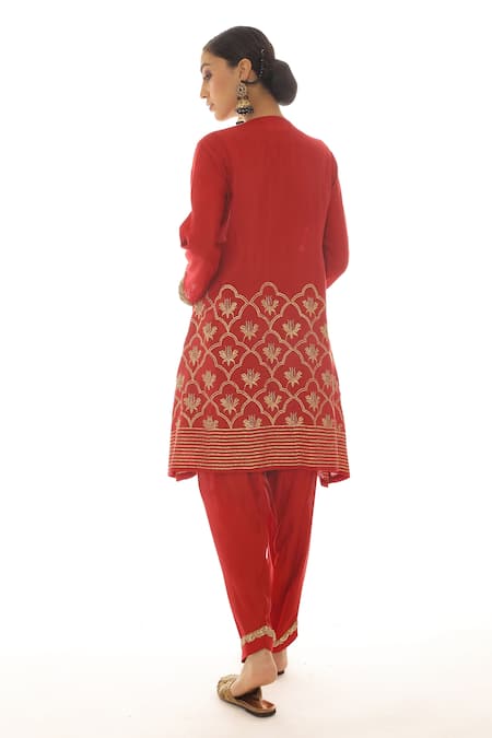 Shop_Pooja Rajpal Jaggi_Red Muslin Embroidery Badla Round Kurta Salwar Set _at_Aza_Fashions