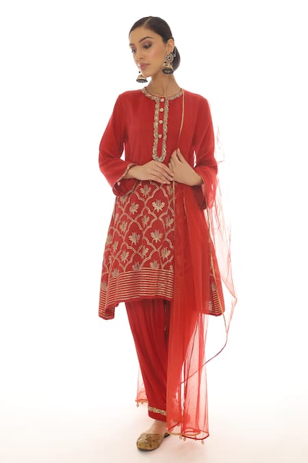 Pooja Rajpal Jaggi_Red Muslin Embroidery Badla Round Kurta Salwar Set _Online_at_Aza_Fashions