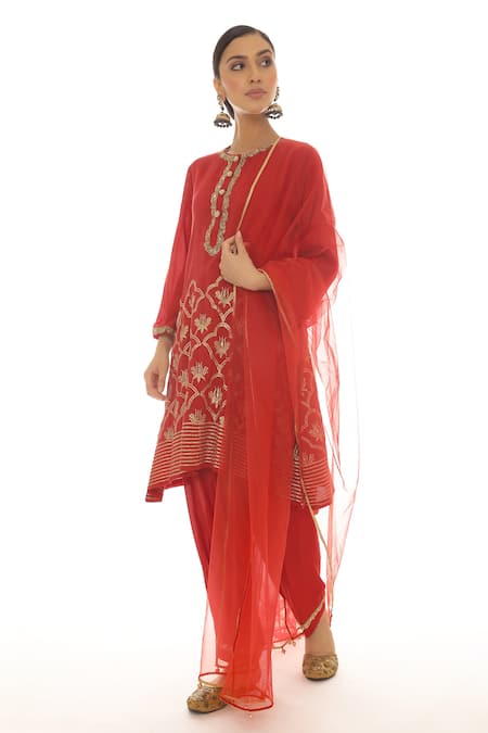 Buy_Pooja Rajpal Jaggi_Red Muslin Embroidery Badla Round Kurta Salwar Set _Online_at_Aza_Fashions