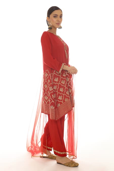 Shop_Pooja Rajpal Jaggi_Red Muslin Embroidery Badla Round Kurta Salwar Set _Online_at_Aza_Fashions