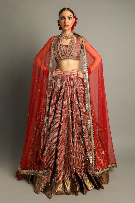 Pooja Rajpal Jaggi Red Raw Silk Embroidery Gota Square Neck Bridal Lehenga Set 