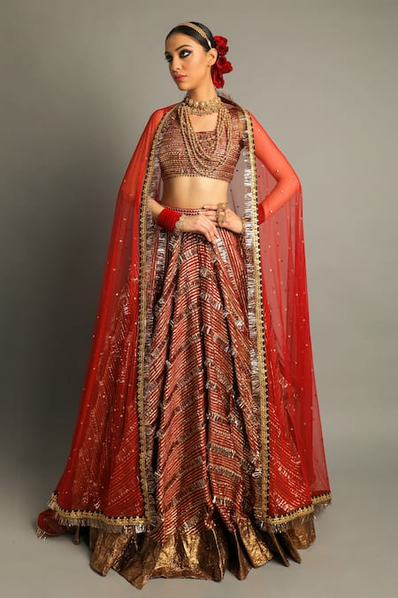 Pooja Rajpal Jaggi_Red Raw Silk Embroidery Gota Square Neck Bridal Lehenga Set  _Online_at_Aza_Fashions