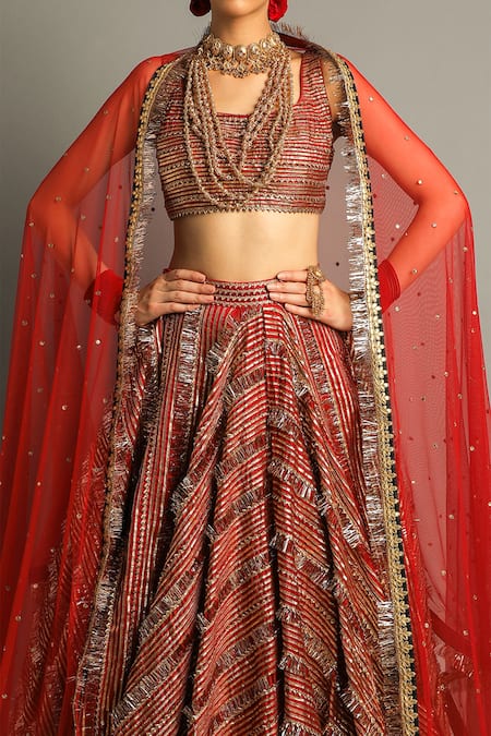 Shop_Pooja Rajpal Jaggi_Red Raw Silk Embroidery Gota Square Neck Bridal Lehenga Set  _Online_at_Aza_Fashions