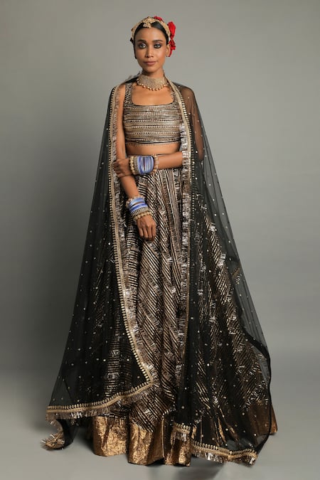 Pooja Rajpal Jaggi Black Raw Silk Embroidery Gota Square Neck Lehenga Set 