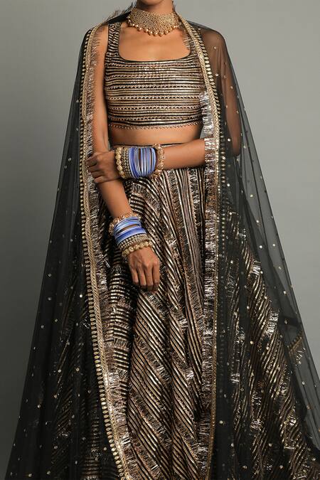 Shop_Pooja Rajpal Jaggi_Black Raw Silk Embroidery Gota Square Neck Lehenga Set  _at_Aza_Fashions