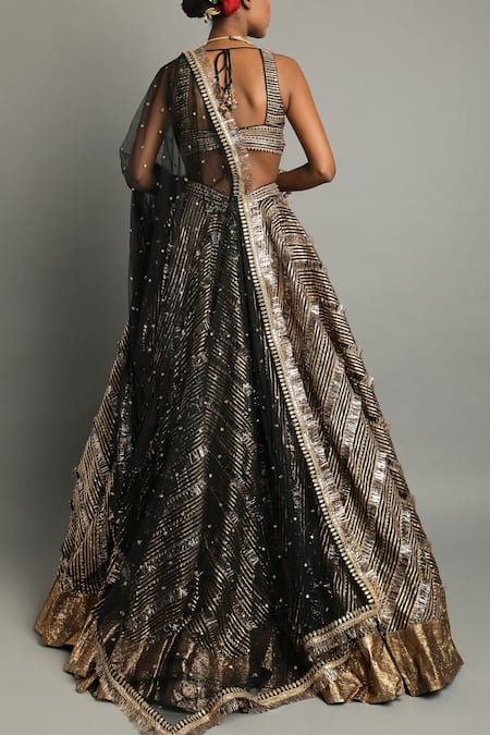 Pooja Rajpal Jaggi_Black Raw Silk Embroidery Gota Square Neck Lehenga Set  _Online_at_Aza_Fashions