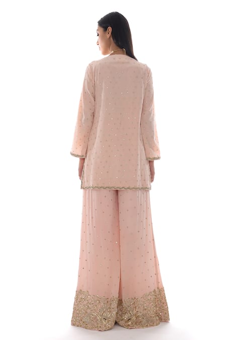 Shop_Pooja Rajpal Jaggi_Pink Crepe Silk Zardozi Notched Embroidered Kurta And Palazzo Set _at_Aza_Fashions