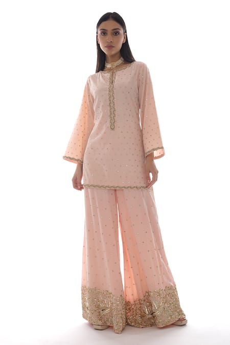 Pooja Rajpal Jaggi_Pink Crepe Silk Zardozi Notched Embroidered Kurta And Palazzo Set _Online_at_Aza_Fashions