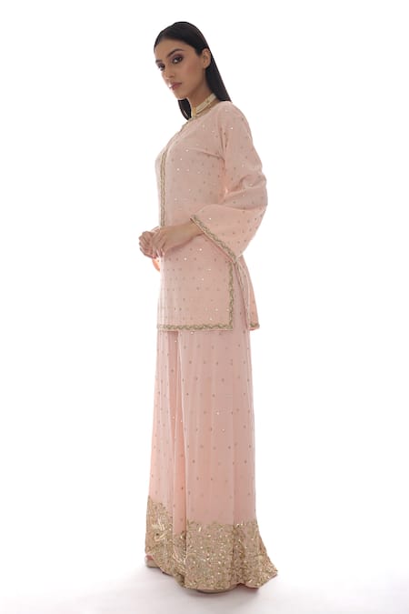 Buy_Pooja Rajpal Jaggi_Pink Crepe Silk Zardozi Notched Embroidered Kurta And Palazzo Set _Online_at_Aza_Fashions