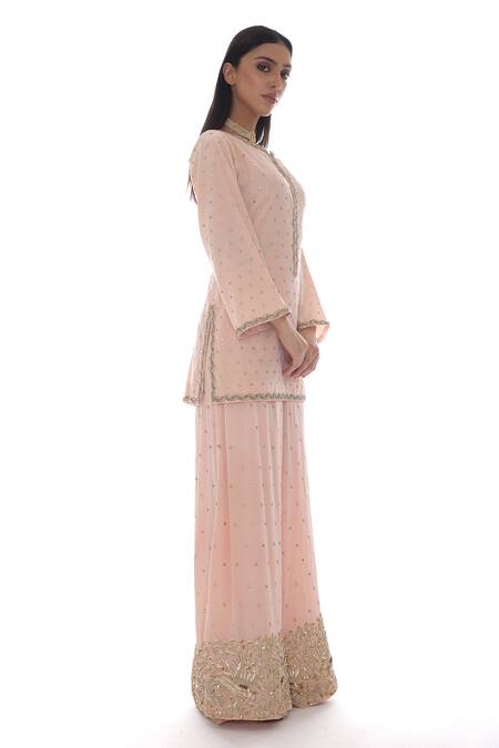 Shop_Pooja Rajpal Jaggi_Pink Crepe Silk Zardozi Notched Embroidered Kurta And Palazzo Set _Online_at_Aza_Fashions
