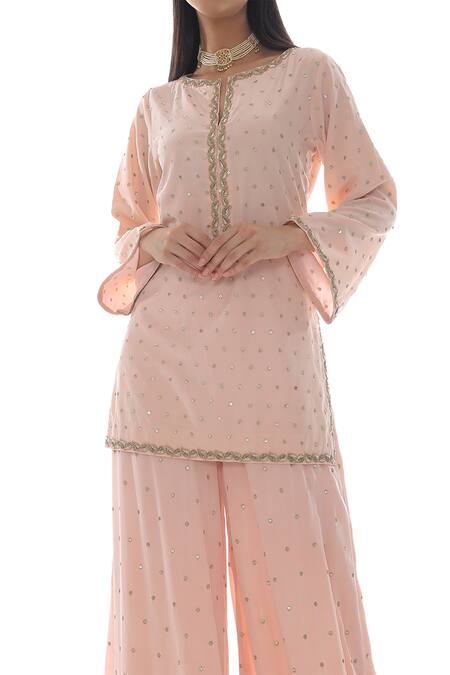 Pooja Rajpal Jaggi_Pink Crepe Silk Zardozi Notched Embroidered Kurta And Palazzo Set _at_Aza_Fashions