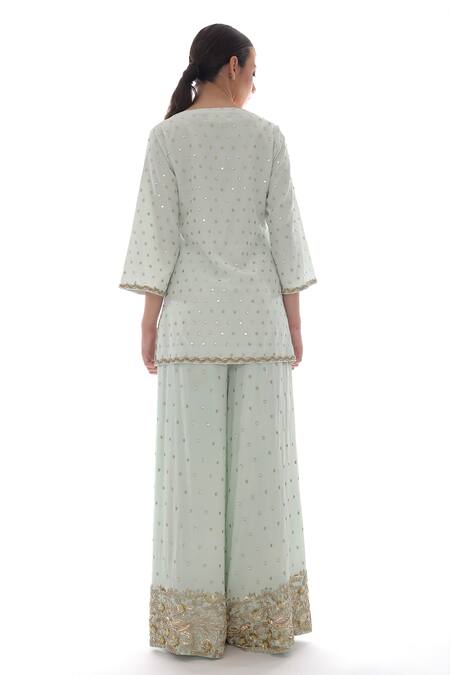 Shop_Pooja Rajpal Jaggi_Blue Crepe Silk Zardozi Notched Embroidered Kurta And Palazzo Set _at_Aza_Fashions