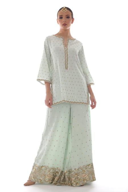 Pooja Rajpal Jaggi_Blue Crepe Silk Zardozi Notched Embroidered Kurta And Palazzo Set _Online_at_Aza_Fashions