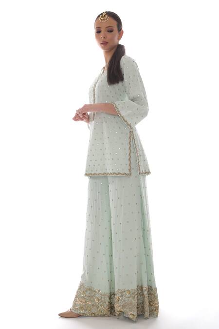 Buy_Pooja Rajpal Jaggi_Blue Crepe Silk Zardozi Notched Embroidered Kurta And Palazzo Set _Online_at_Aza_Fashions