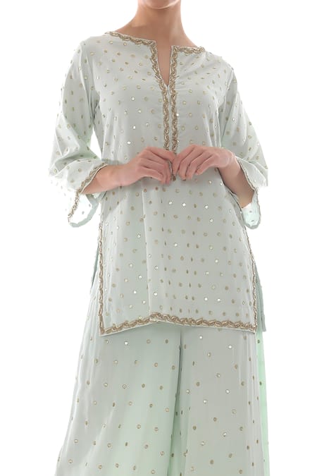 Shop_Pooja Rajpal Jaggi_Blue Crepe Silk Zardozi Notched Embroidered Kurta And Palazzo Set _Online_at_Aza_Fashions