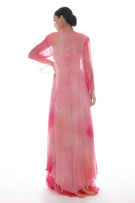 Shop_Pooja Rajpal Jaggi_Pink Lurex Georgette Embroidery Pearls Top Square Tie Dye Jacket Gharara Set _at_Aza_Fashions