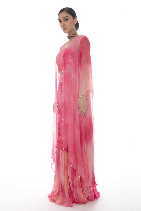 Buy_Pooja Rajpal Jaggi_Pink Lurex Georgette Embroidery Pearls Top Square Tie Dye Jacket Gharara Set _Online_at_Aza_Fashions