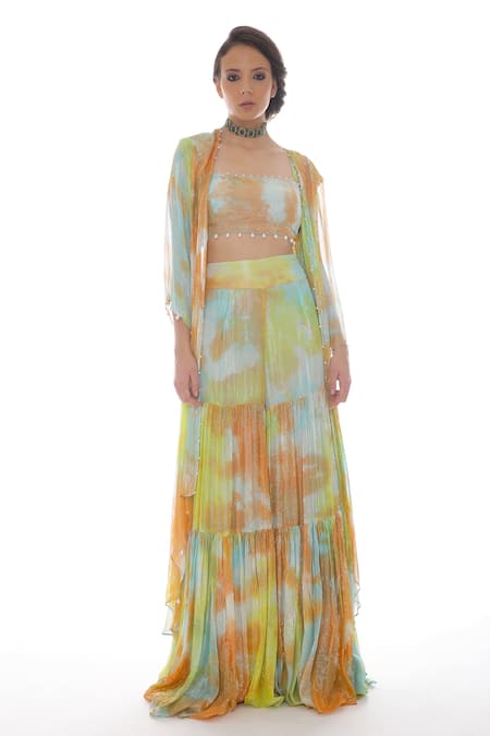 Pooja Rajpal Jaggi_Multi Color Lurex Georgette Embroidery Pearls Top Tie Dye Jacket Gharara Set _Online_at_Aza_Fashions