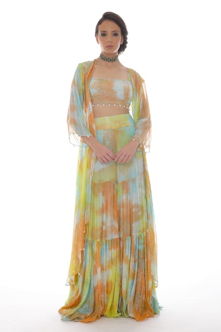 Buy_Pooja Rajpal Jaggi_Multi Color Lurex Georgette Embroidery Pearls Top Tie Dye Jacket Gharara Set _Online_at_Aza_Fashions