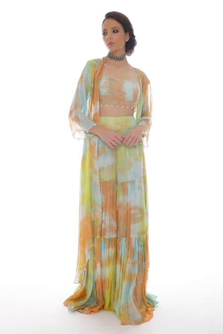 Shop_Pooja Rajpal Jaggi_Multi Color Lurex Georgette Embroidery Pearls Top Tie Dye Jacket Gharara Set _Online_at_Aza_Fashions