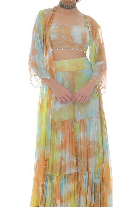 Pooja Rajpal Jaggi_Multi Color Lurex Georgette Embroidery Pearls Top Tie Dye Jacket Gharara Set _at_Aza_Fashions