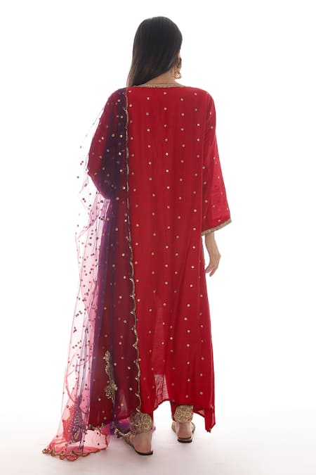 Shop_Pooja Rajpal Jaggi_Red Kurta And Pant Silk Embroidery Gota Round Set  _at_Aza_Fashions