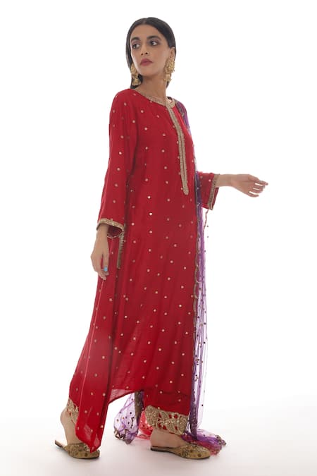 Buy_Pooja Rajpal Jaggi_Red Kurta And Pant Silk Embroidery Gota Round Set  _Online_at_Aza_Fashions