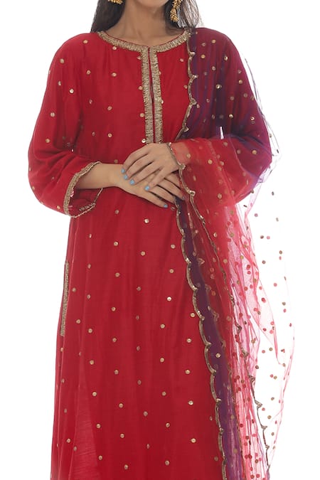 Shop_Pooja Rajpal Jaggi_Red Kurta And Pant Silk Embroidery Gota Round Set  _Online_at_Aza_Fashions