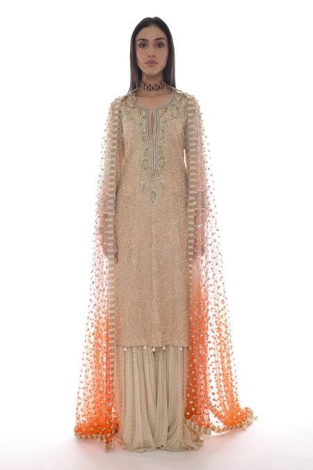 Pooja Rajpal Jaggi_Pink Dupatta Net, Kurta And Sharara Georgette, Lining Crepe Embroidered Set _Online_at_Aza_Fashions