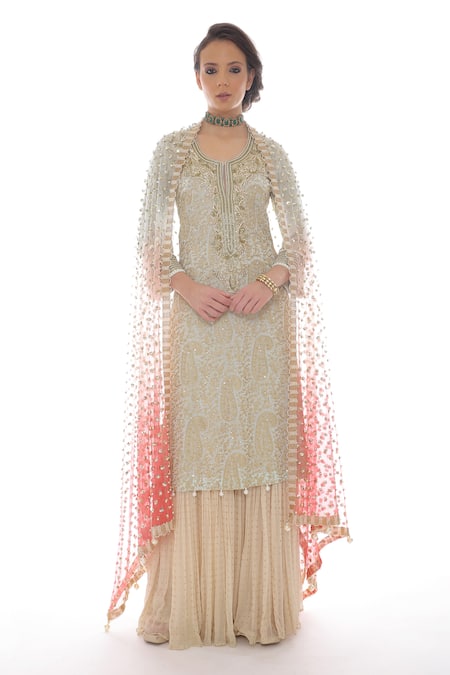 Pooja Rajpal Jaggi_Blue Dupatta Net, Kurta And Sharara Georgette, Lining Crepe Embroidered Set _Online_at_Aza_Fashions