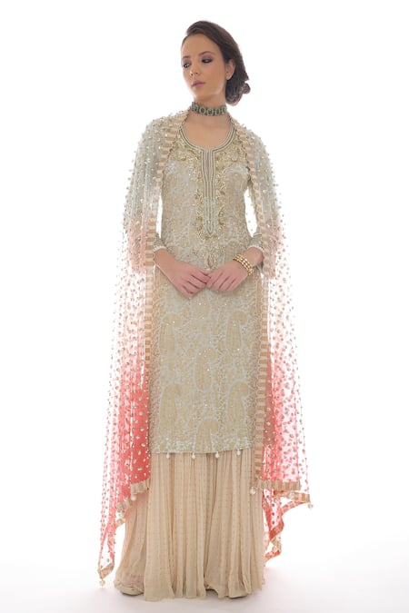 Buy_Pooja Rajpal Jaggi_Blue Dupatta Net, Kurta And Sharara Georgette, Lining Crepe Embroidered Set _Online_at_Aza_Fashions