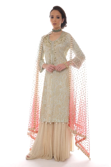 Shop_Pooja Rajpal Jaggi_Blue Dupatta Net, Kurta And Sharara Georgette, Lining Crepe Embroidered Set _Online_at_Aza_Fashions