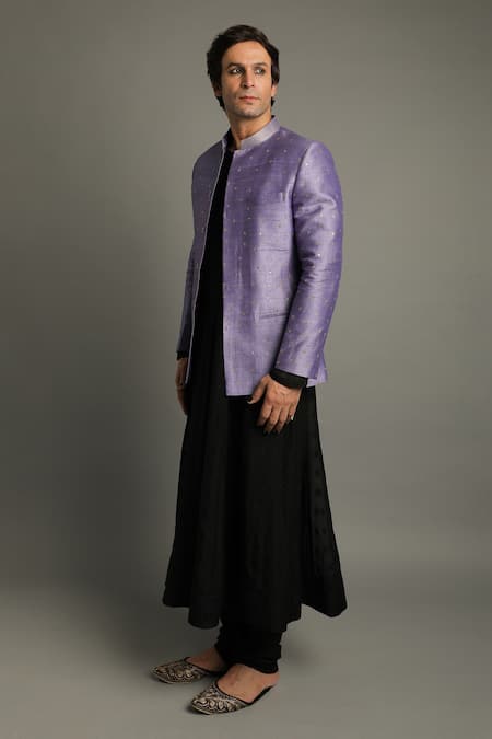 Pooja Rajpal Jaggi_Black Churidar Cotton Silk, Coat Raw Silk, Kurta Embroidered Anarkali Set _Online_at_Aza_Fashions