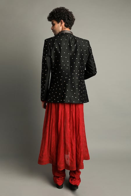 Shop_Pooja Rajpal Jaggi_Red Churidar Cotton Silk, Coat Raw Silk, Kurta Embroidered Anarkali Set _at_Aza_Fashions