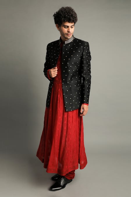 Pooja Rajpal Jaggi_Red Churidar Cotton Silk, Coat Raw Silk, Kurta Embroidered Anarkali Set _Online_at_Aza_Fashions
